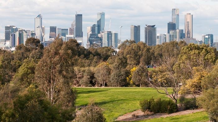 Melbourne city skyline from Westgate Park, which was created out of an industrial wasteland at Fishermans Bend 