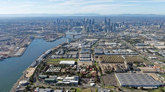 Aerial view of Fishermans Bend looking back at Melbourne city © istock