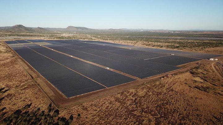 Aerial view of vast solar panel farm in outback Australia