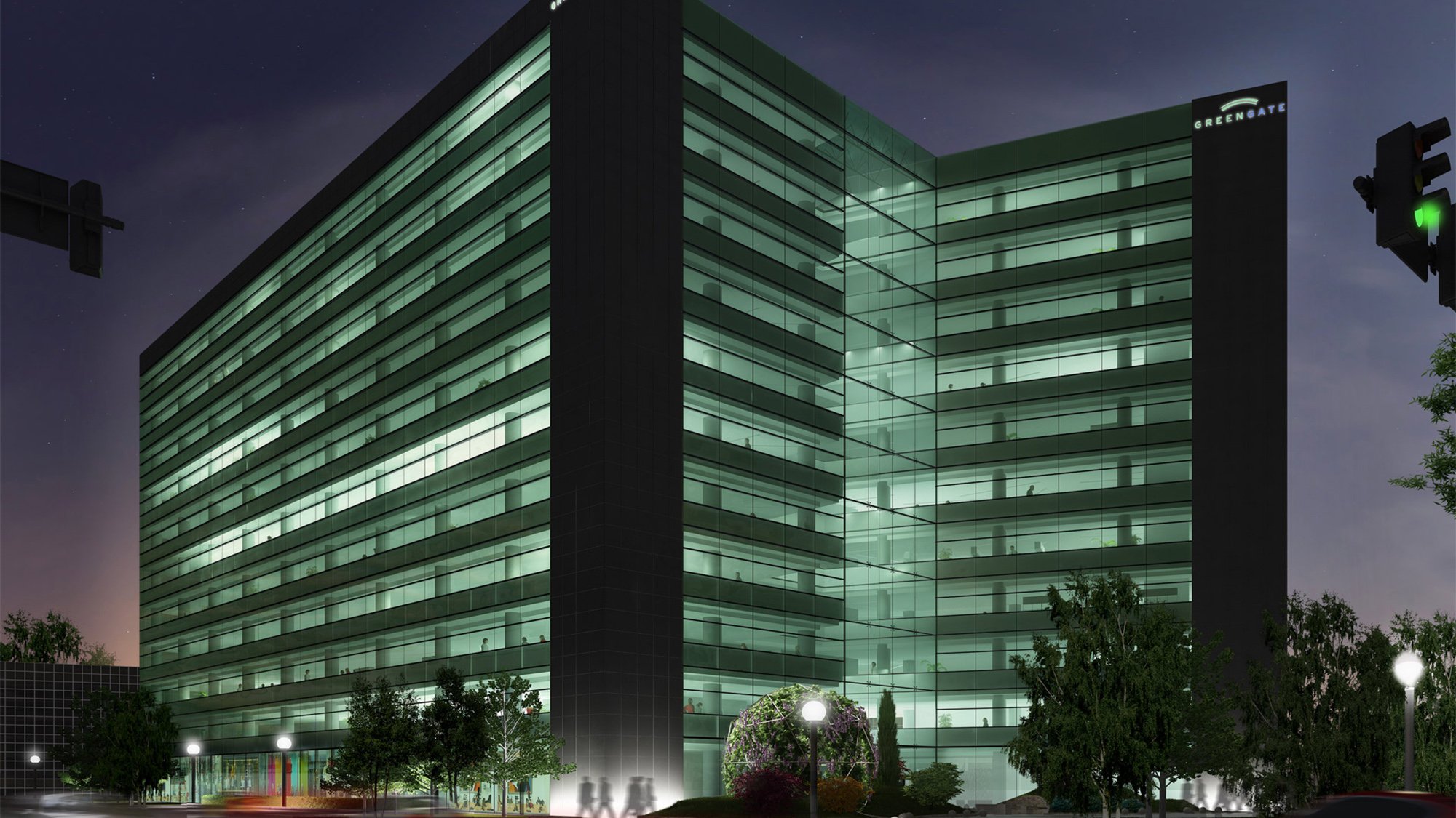 An artist's impression of the Green Gate building at night.