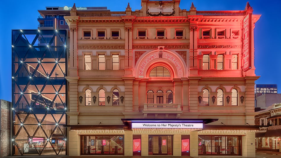 Night-time street view of Her Majesty’s Theatre in Adelaide ©Chris Oaten