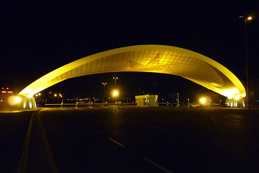 The tollgate is a modern canopy shaped as hyperbolic paraboloid.