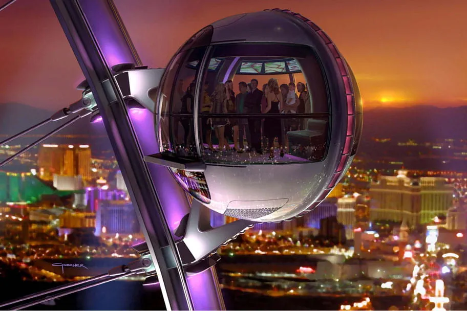 The High Roller reflects Arup's innovative double glazed spherical cabin design supported from a single tube rim. 