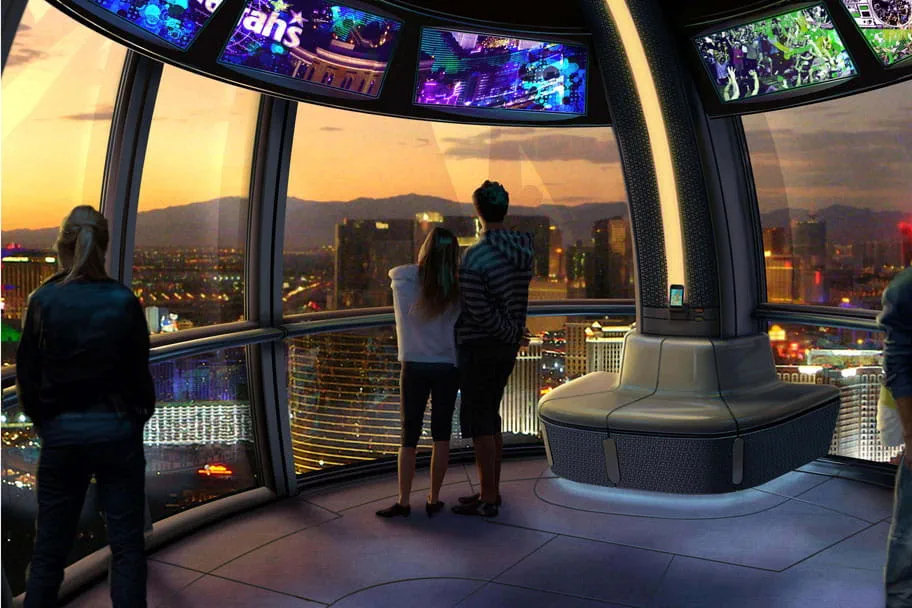 The interior of the cabins offer an immersive entertainment experience complete with audio/video displays and dizzyingly high views of the Las Vegas Strip.