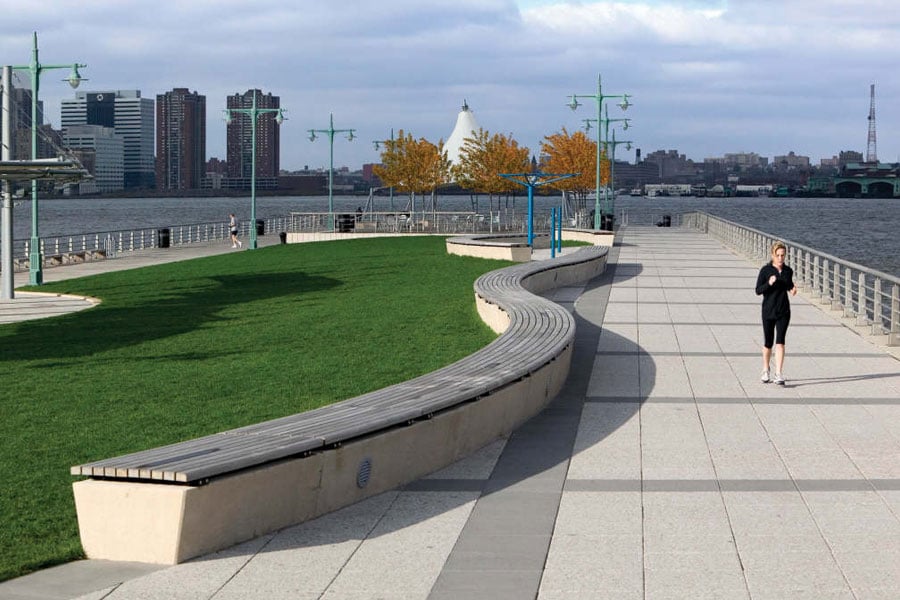 The design includes a waterfront esplanade, bike way and landscaping along the full length of the park.