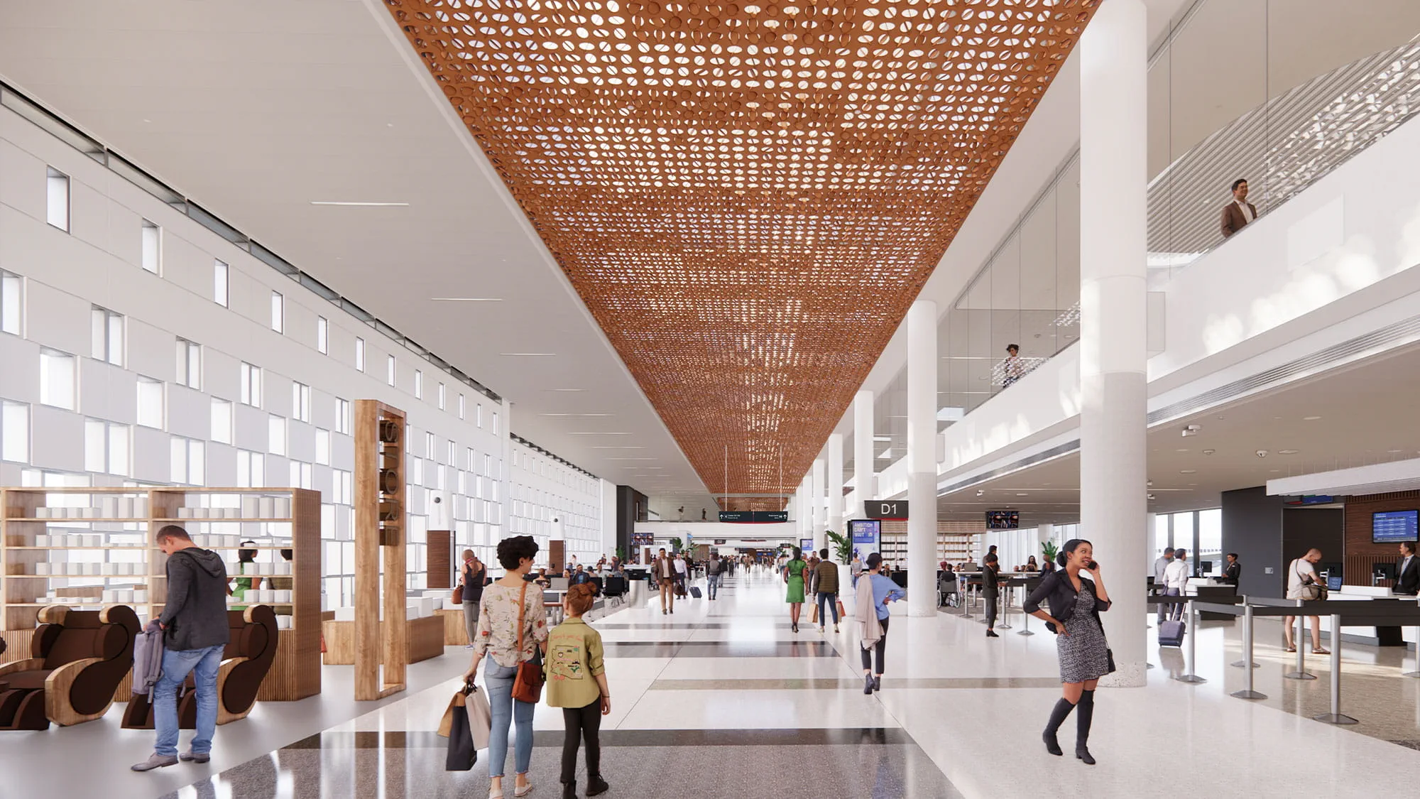 Rendering of interior of airport terminal with shops and people walking through