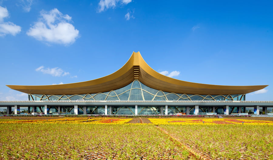 The airport features an innovative 'ribbon' steel structure.