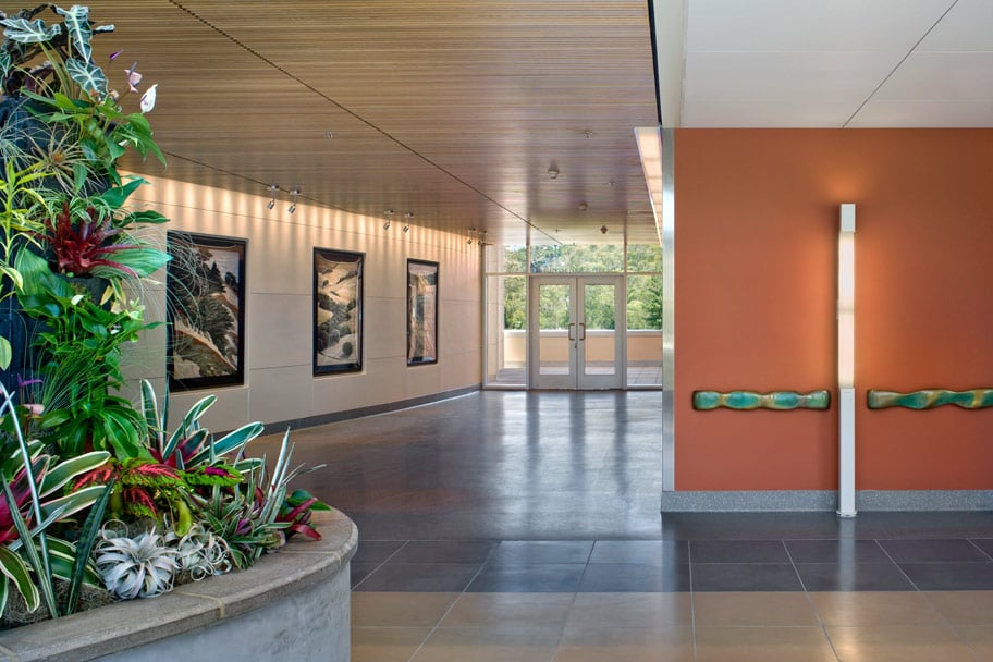Airy corridors are decorated with contemporary artworks and greenery.