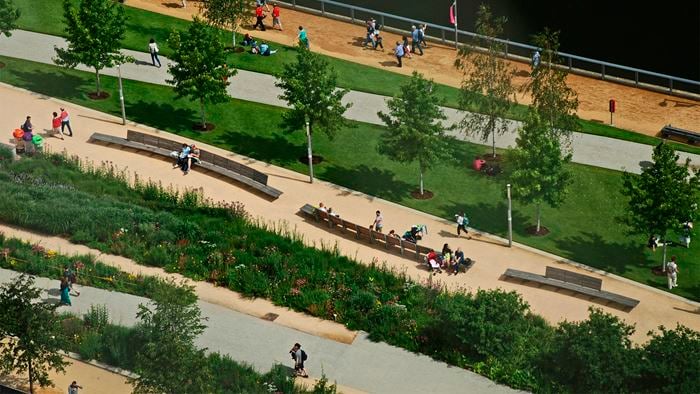 An image of the landscaping in the south of the olympic park in London that was delivered by Arup.