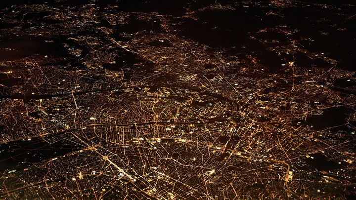 Aerial view of London and South East at night