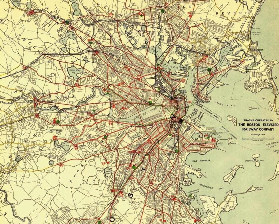 A yellow bus map from Boston in 1916.