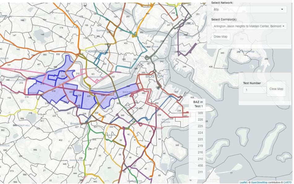 A screenshot from Arup's parametric modelling of Boston's bus routes.