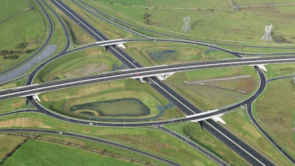 Aerial view of Rathmorrissy Junction on M17/M18 motorway.