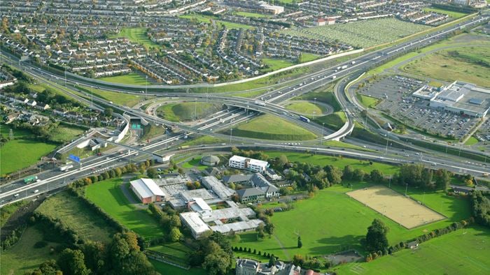 Aerial view of the M50 motorway and surrounding area