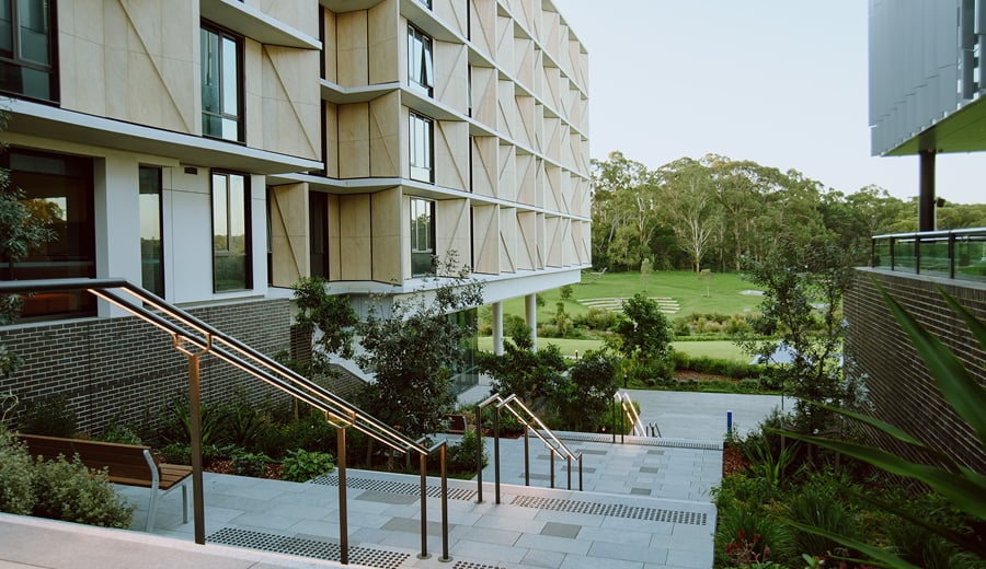 View of buildings and parks at Macquarie University Central Courtyard Precinct, Sydney