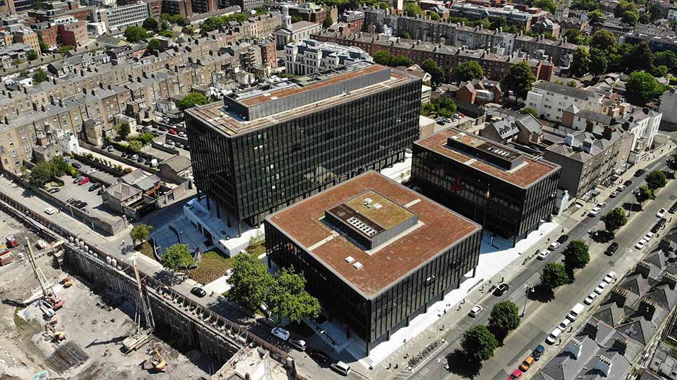Aerial view of Miesian Plaza showing green roofs