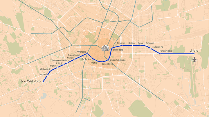 Map of Milan city outlining the M4 metro line trajectory and stops.