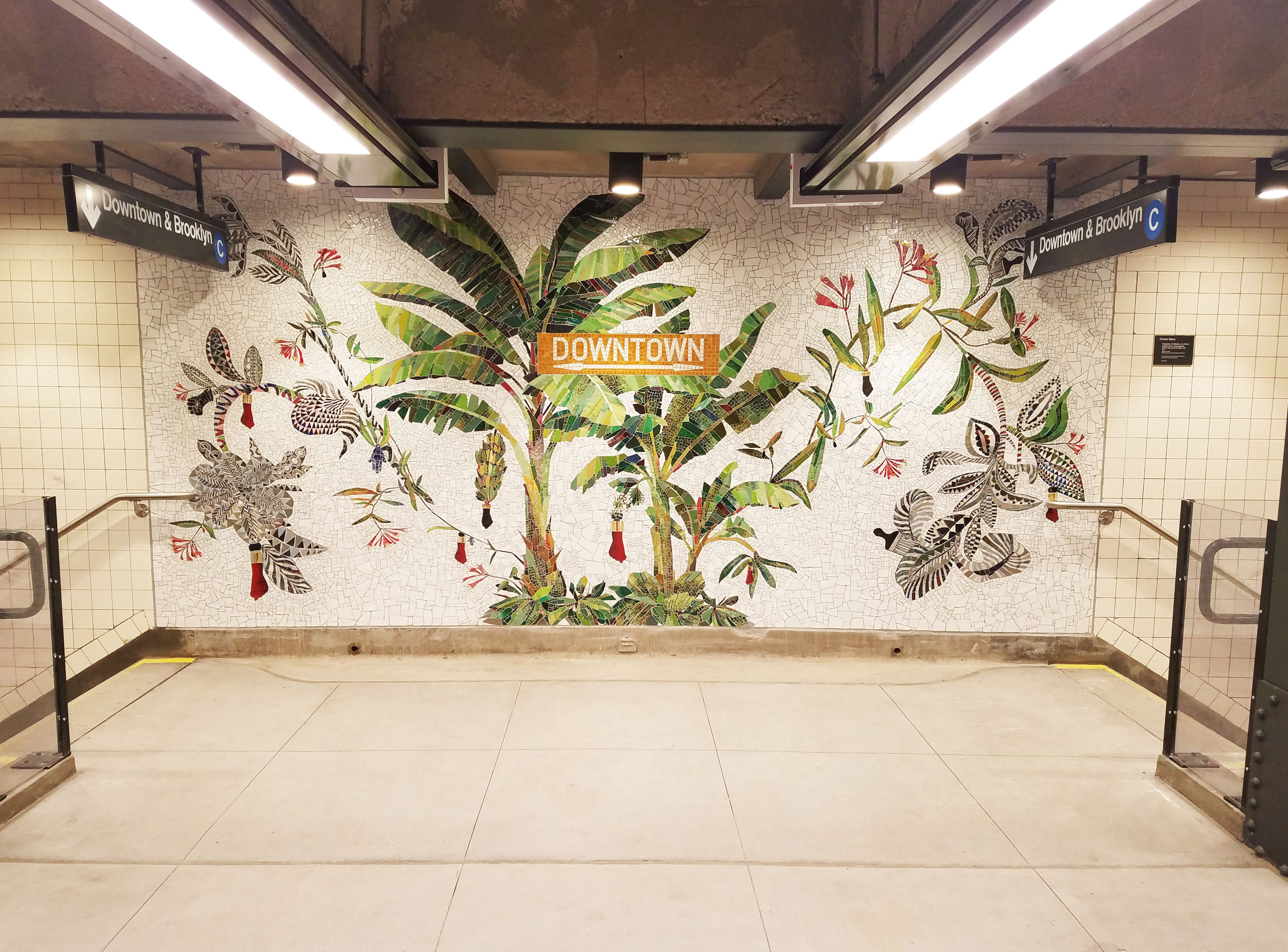 Subway station artwork on mosaic tile at station in downtown Manhattan