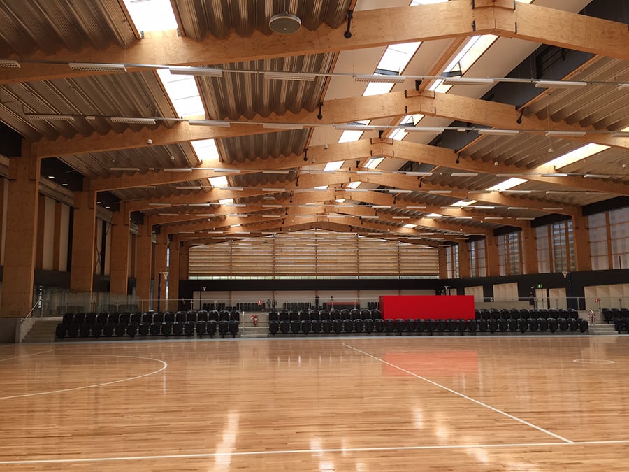 The roof structure to this 140m long sports hall comprises LVL timber portal frames with a large clear span of 38m, and timber purlins and girts