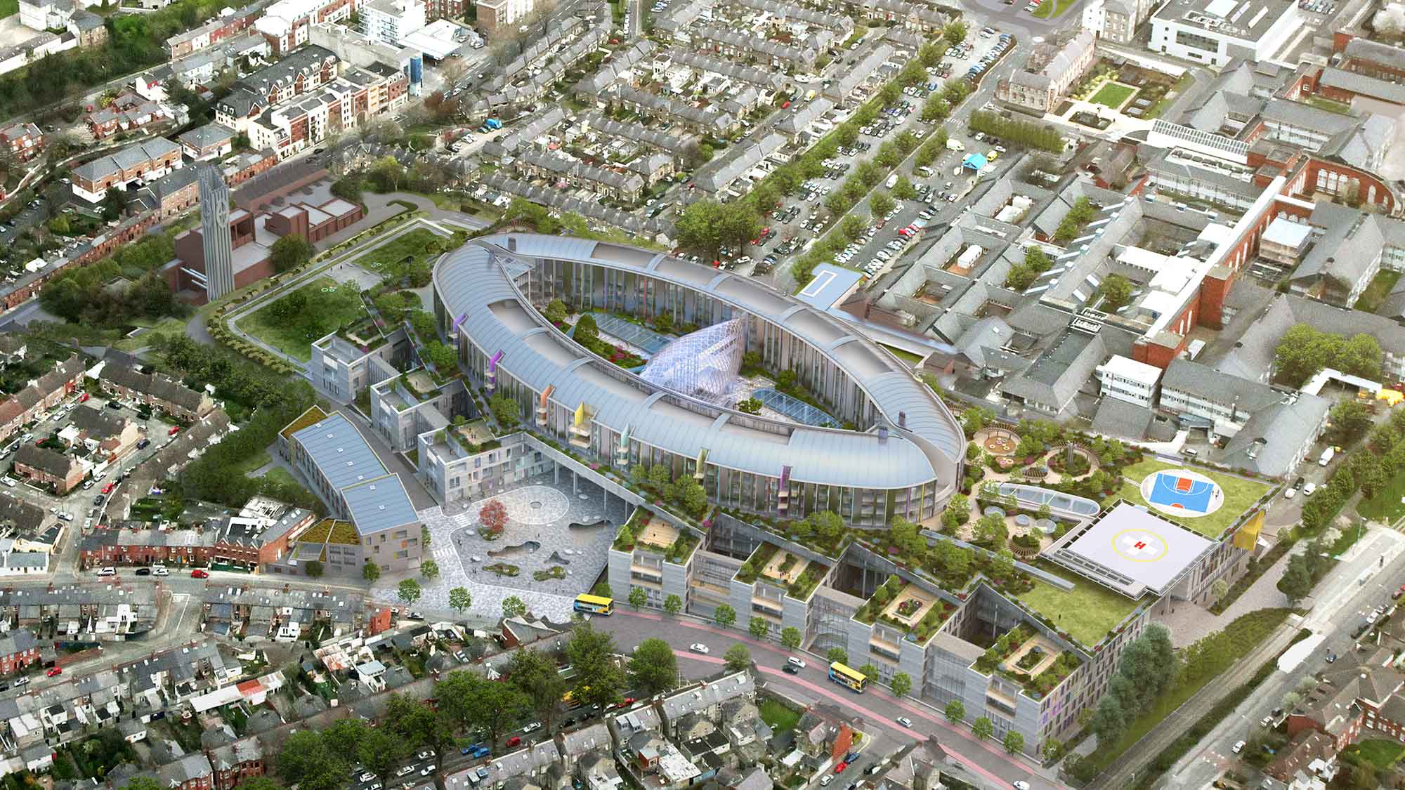 Photomontage of an aerial view of the new children's hospital on the St. James's Hospital Campus, showing the surrounding suburbs.