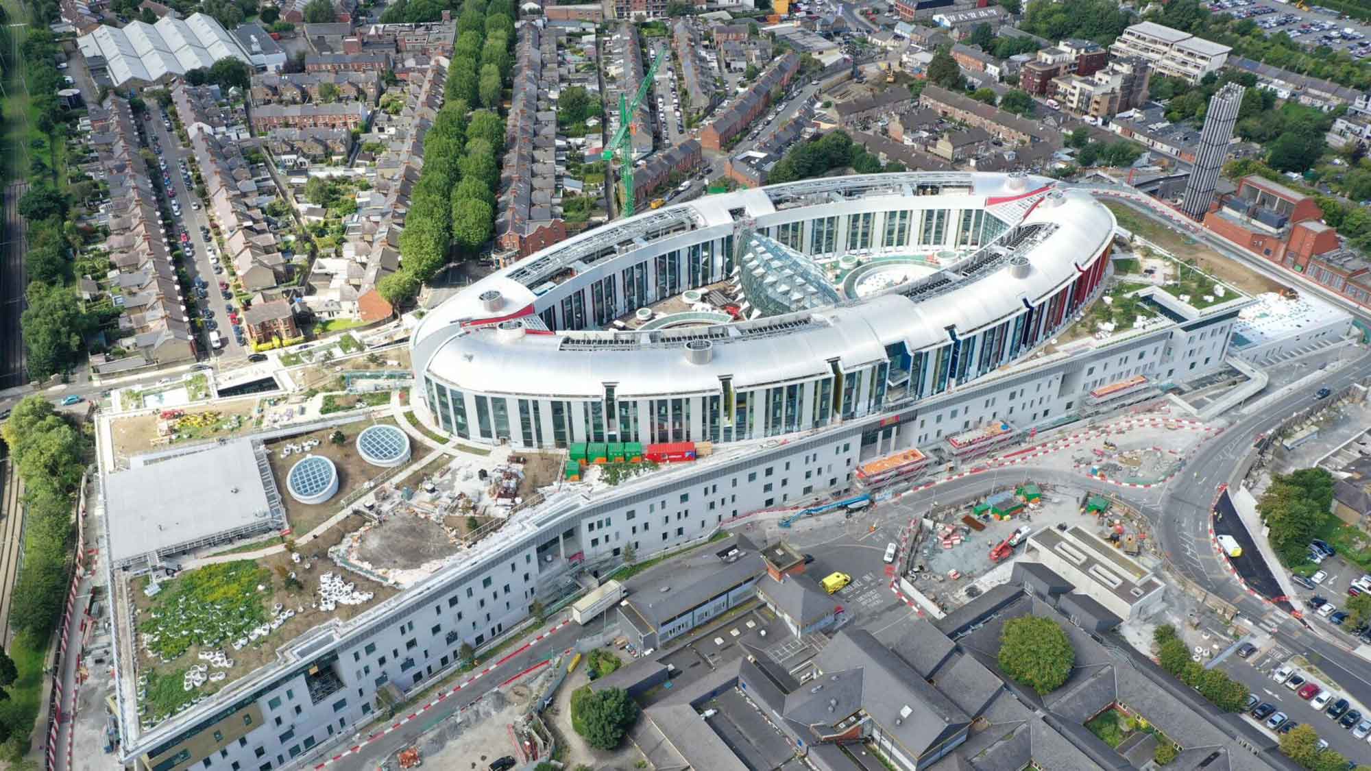 Aerial view of the new children's hospital on the St. James's Hospital Campus with the surrounding suburbs.