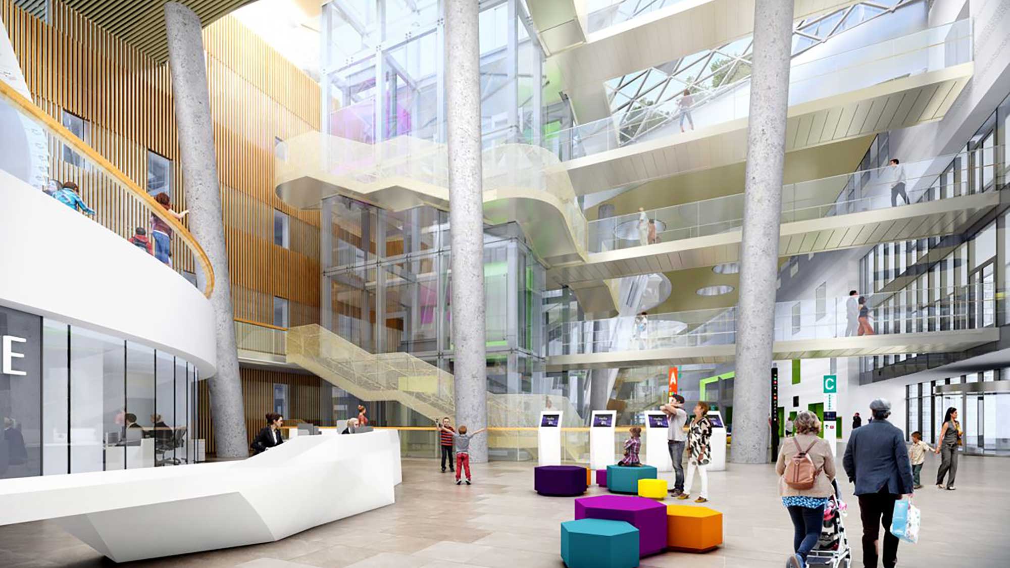 Photomontage of the atrium of Ireland's new children's hospital, showing people in the reception area and on the upper floors in the background.