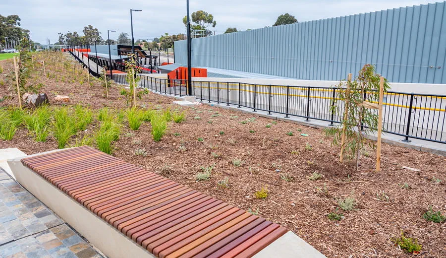 Oaklands Crossing Grade Separation  seating and landscape c Gary Francis