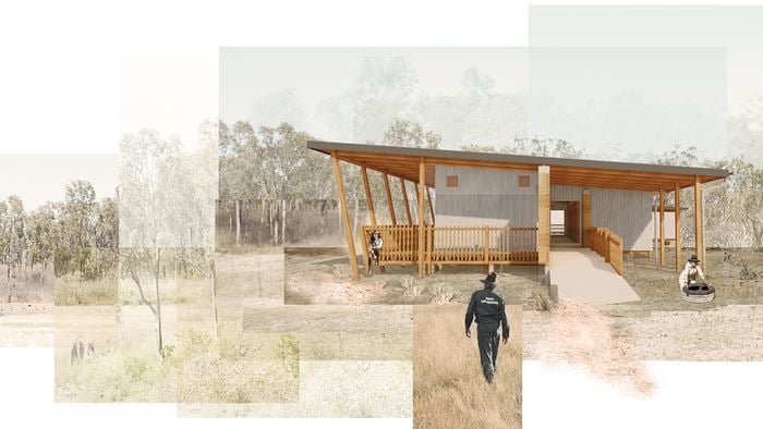 Artist impression of a timber building in the country in Australia