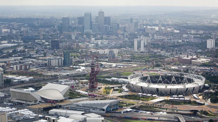 Aerial shot over Olympic park, London. Photo: ODA