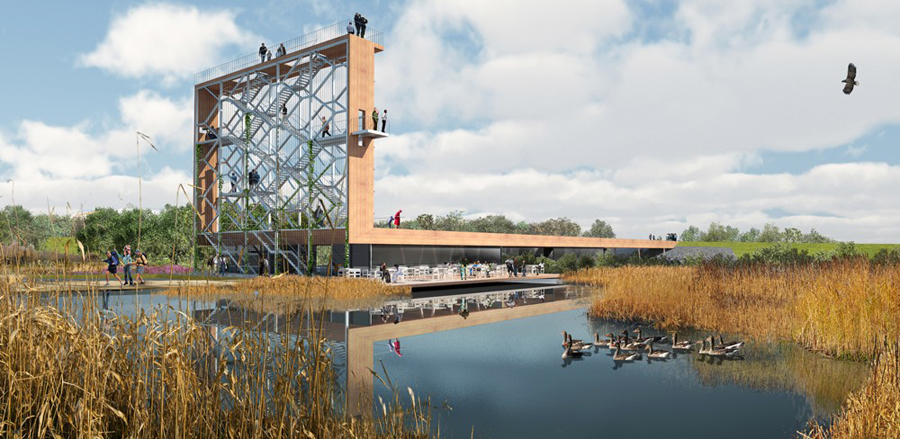 The observation tower is inspired by Dutch land reclamation technology and will offer a series of lookout platforms up to 22m above ground. 