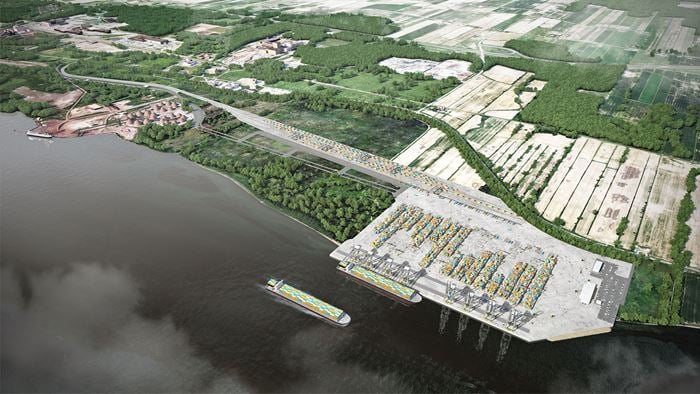 Rendering of shipping port from bird's eye view with containers and freight ship passing by