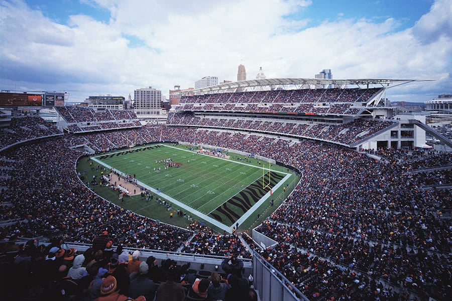 Paul Brown Stadium holds 66,965 spectators and features column-free sightlines.