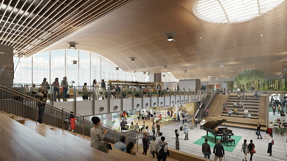 Rendering of the interior of the PDX TCORE with passengers sitting in a wooden auditorium-like room, there is a piano in the center and big windows to the left looking out to the tarmac. 