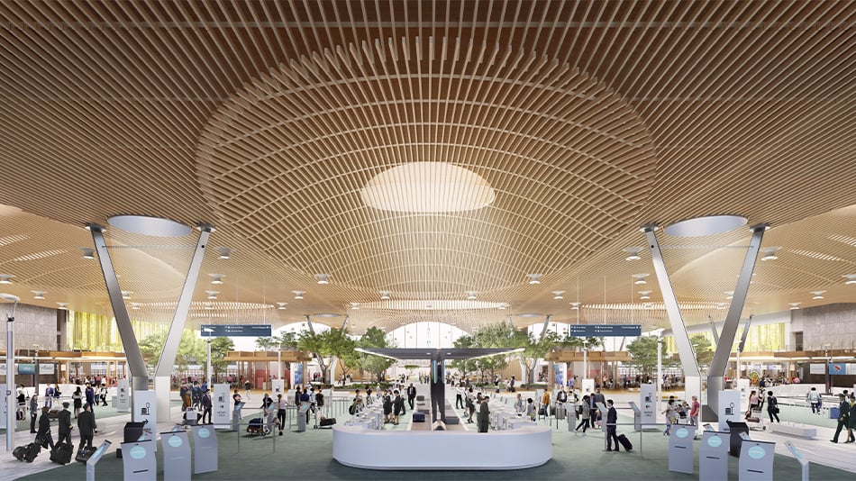 Rendering of the interior of the PDX Airport with a mass timber roof and skylights with sun shining in.
