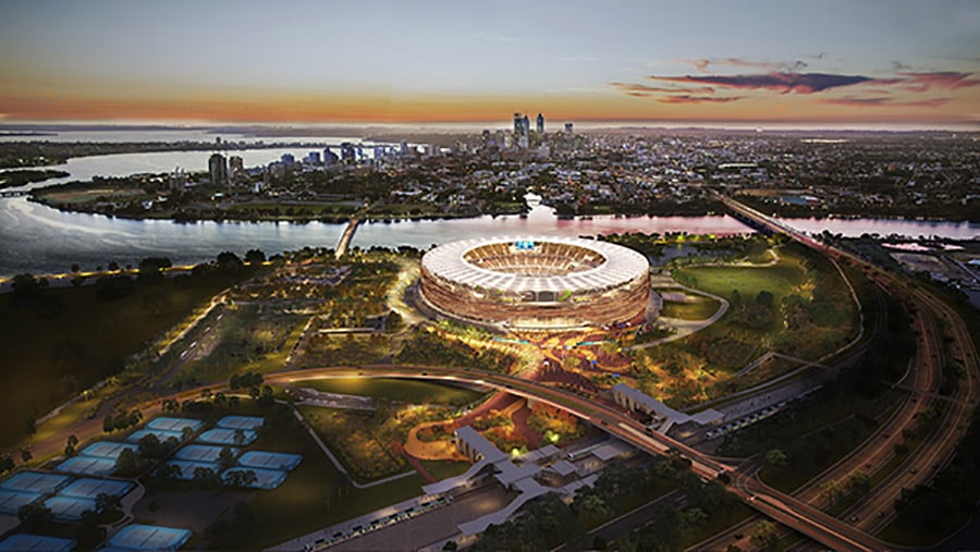 Skyline of Perth, Western Australia featuring the New Perth Stadium and Victoria Park Drive modifications. 
