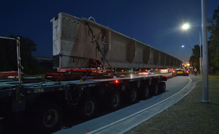 Night time transportation from Bromelton to the Port of Brisbane of a 46m Quickcell Super Girder as part of the Port Drive Upgrade project