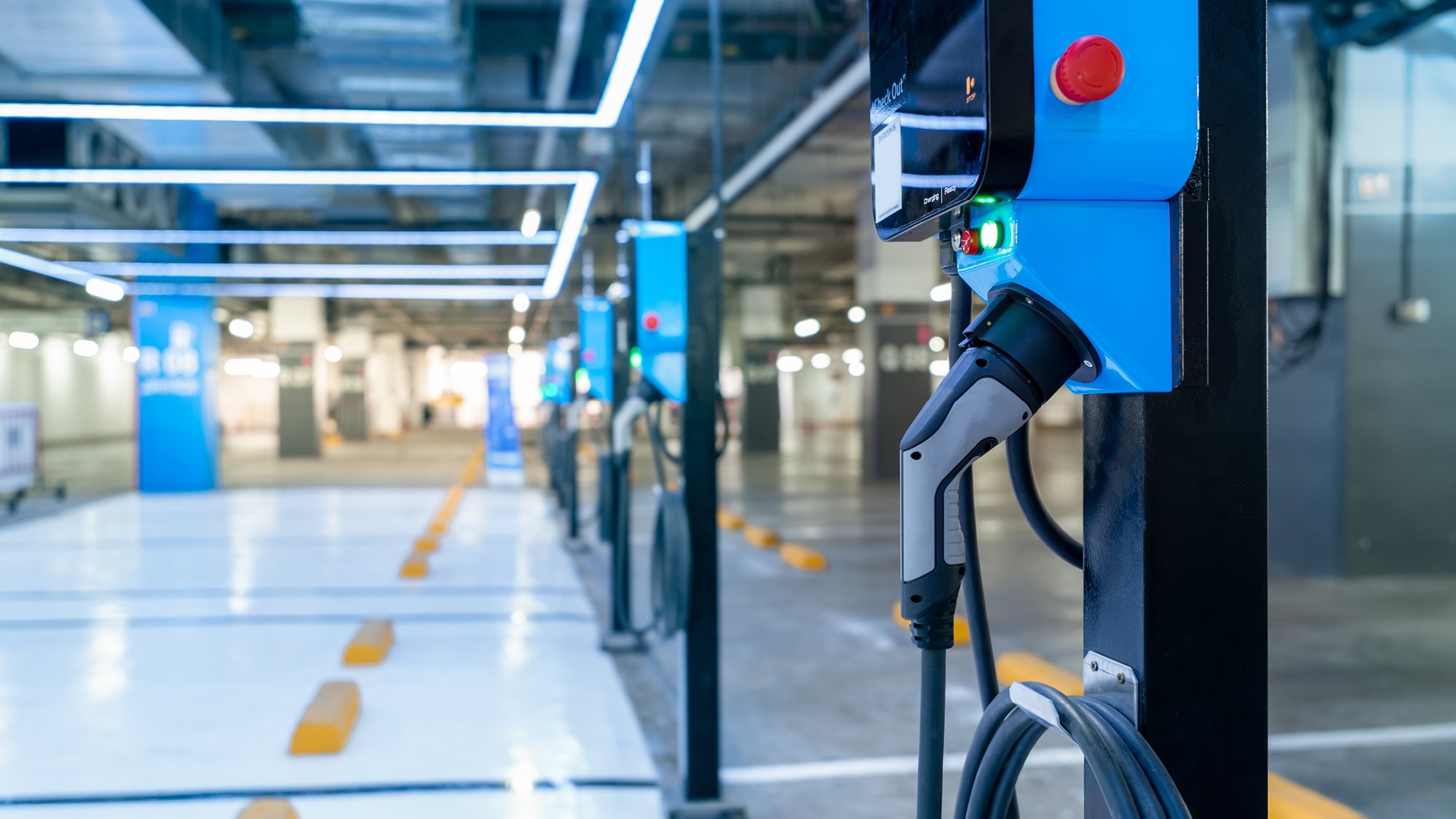 Electric vehicle charging stations inside car park