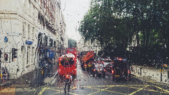 View of London streets during rainy weather