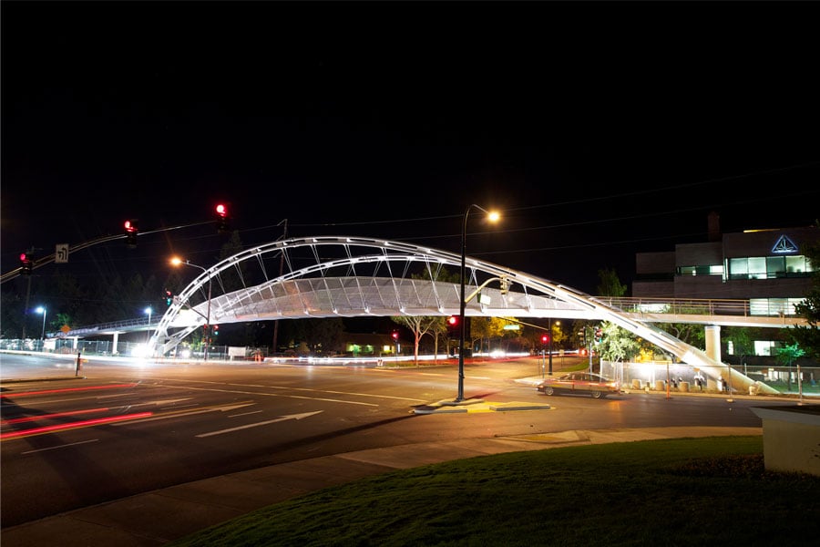 The bridge is the centrepiece of the sustainable Contra Costa Centre Transit Village, recognised as a successful demonstration of a transit-oriented development.