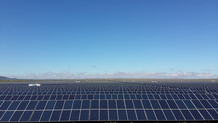 Rows of PV modules against the horizon, showing the scale of the project