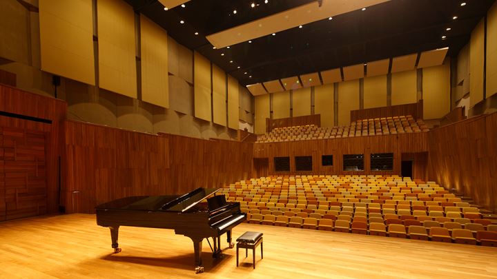 Piano on stage at the Concert Hall at Singapore School of the Arts