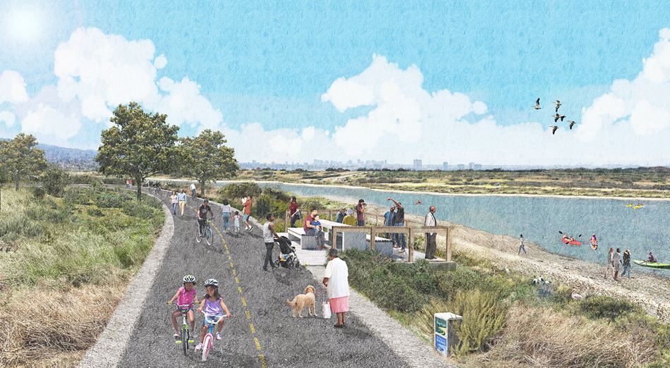 A watercolor rendering of the SF Bay Trail 