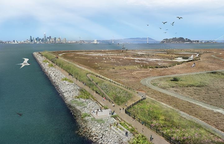 Watercolor rendering of the SF Bay Trail with the city of San Francisco in the background
