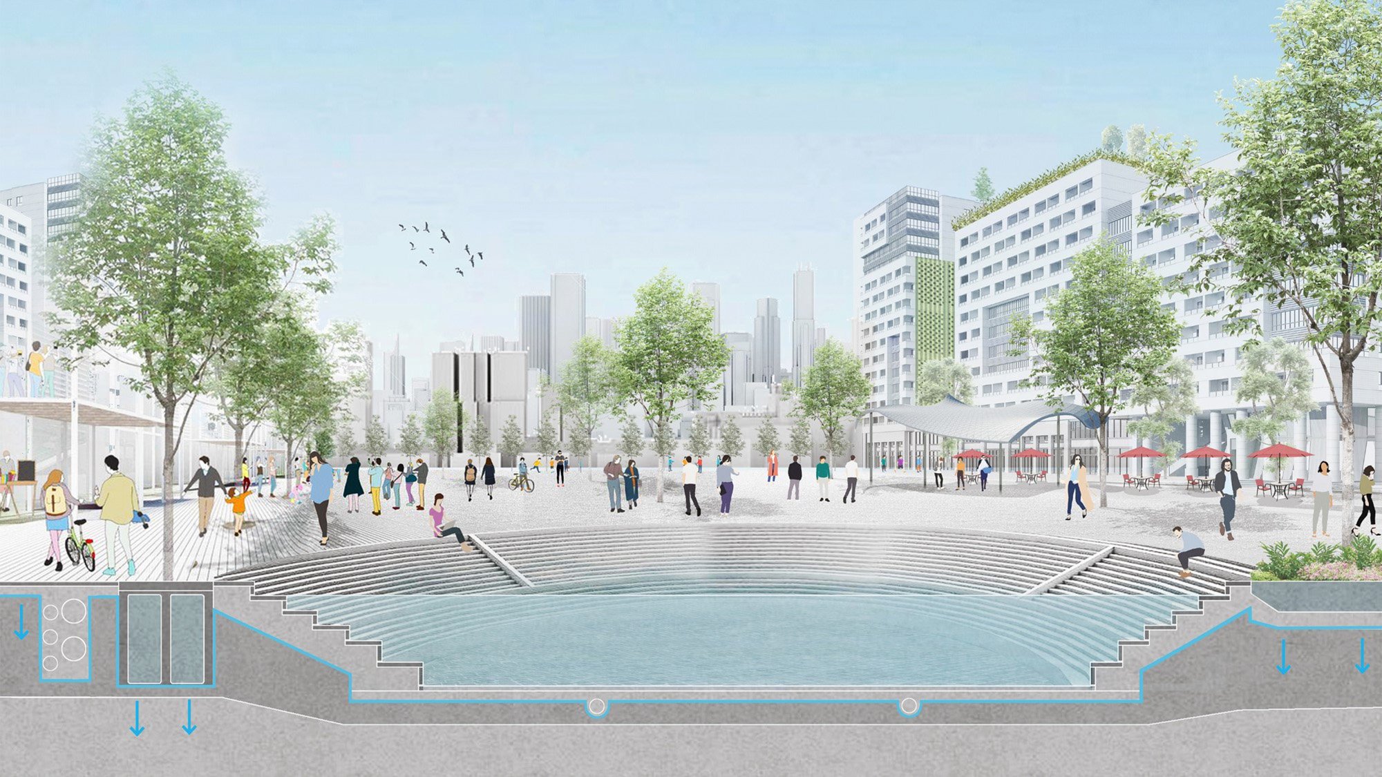 An urban square for everyday recreational use can also serve to store stormwater during flooding  © Arup