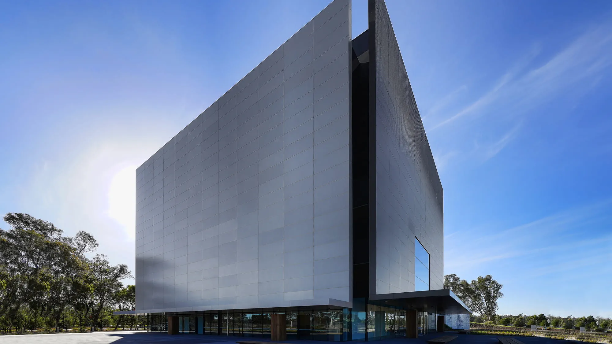 Day time view of the striking Shepparton Art Museum with 30 metre high façade plates