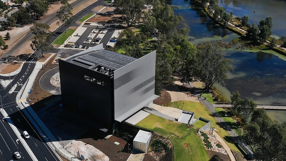 Aerial view of Shepparton Art Museum and surrounding park and lake