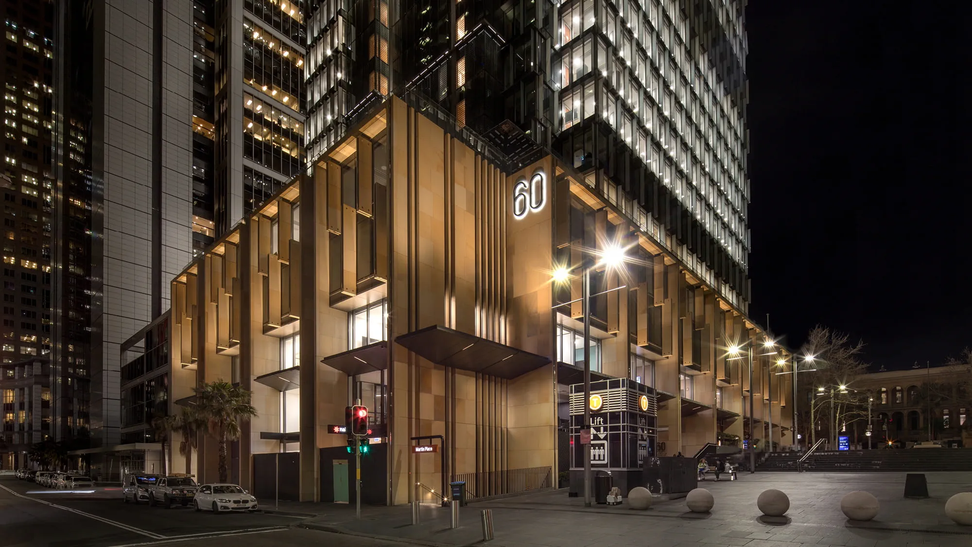 Street view of Sixty Martin Street Sydney and surrounding footpaths, at night time
