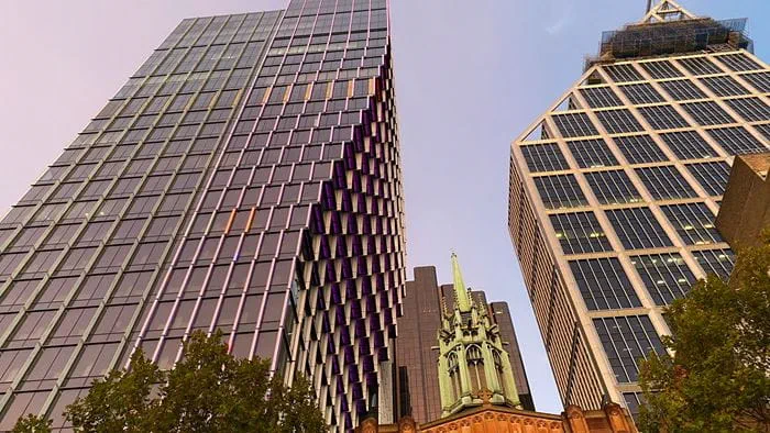 Looking up at Sixty Martin Street Sydney and surrounding buildings, at day time