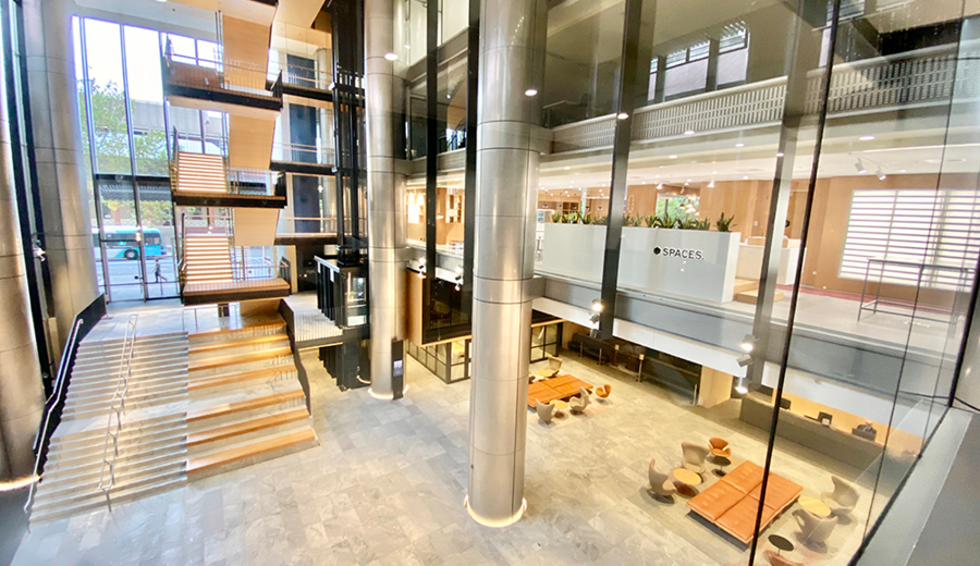 View down inside the large, open, multi-level foyer at Sixty Martin Street Sydney