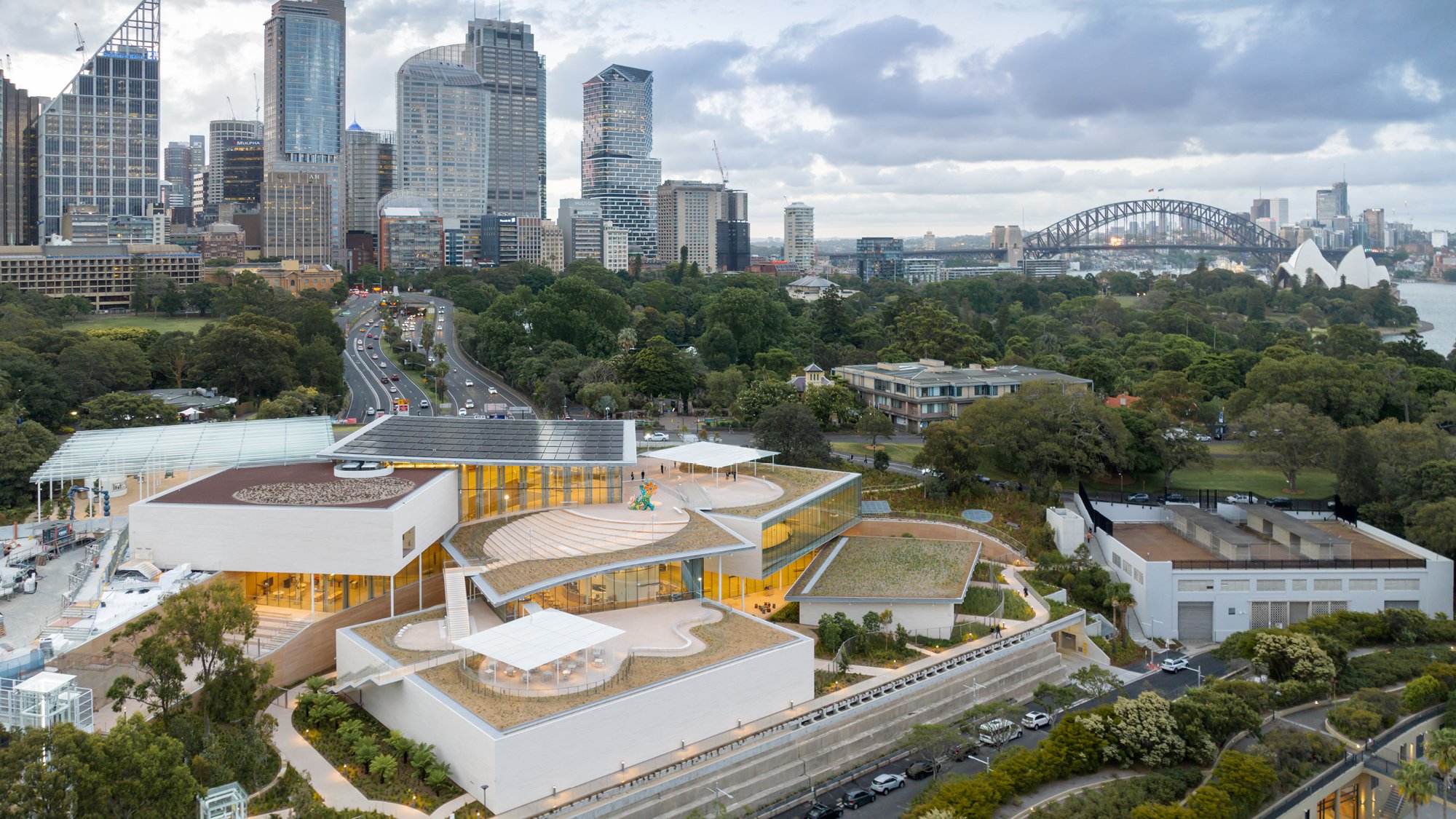 Arial view of Sydney city looking over Art Gallery of New South Wales Sydney Modern Project with Sydney Harbour Bridge in background